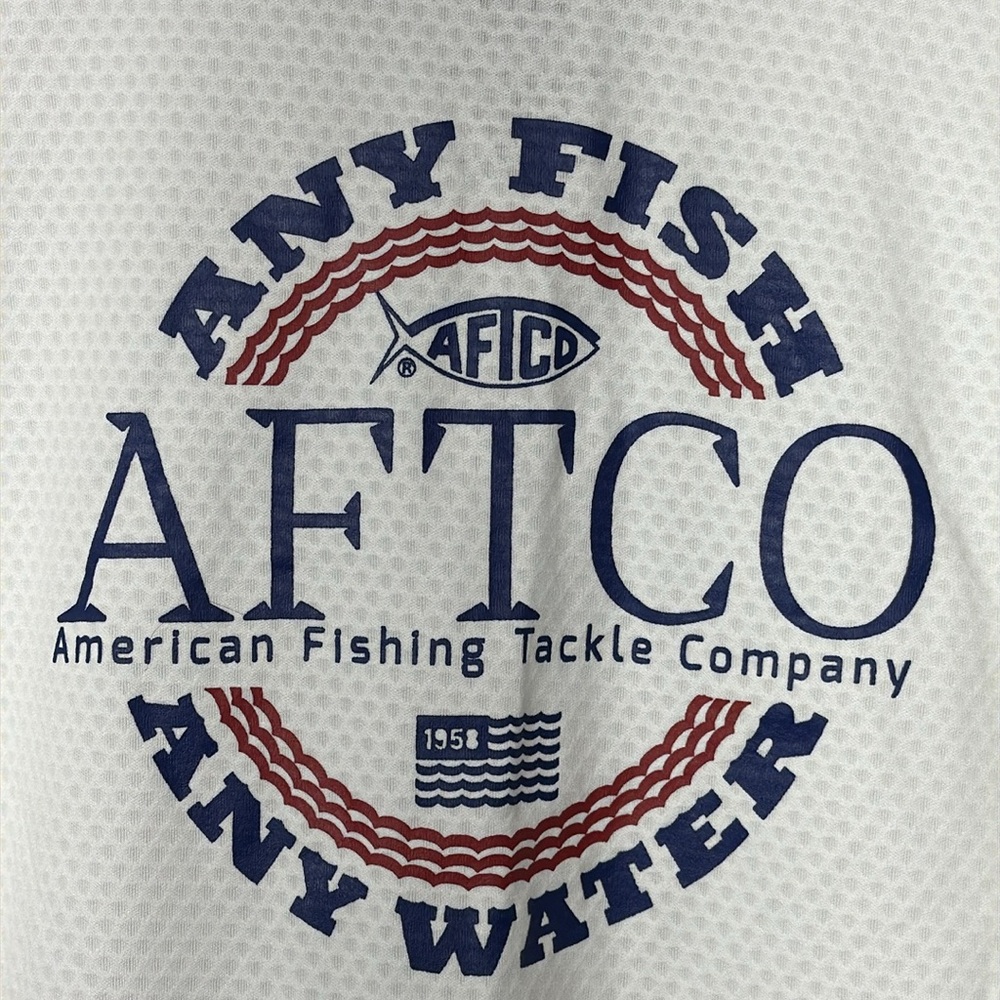 AFTCO White Long Sleeve Fishing Tee with Navy and Red Graphic